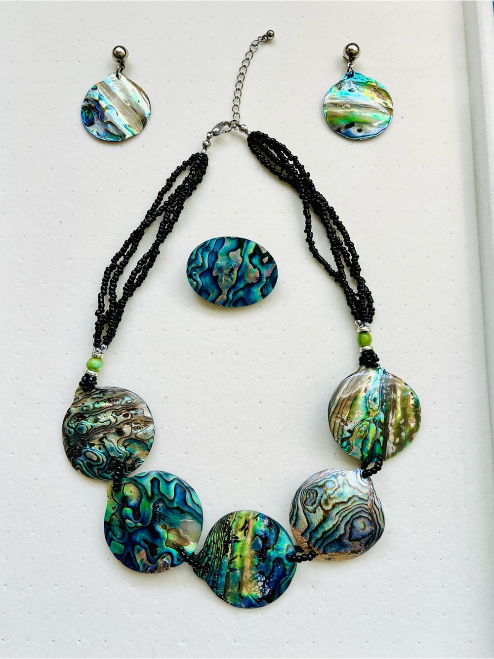 Vintage Iridescent Abalone Shell Jewelry Set - Necklace, Earrings & Brooch